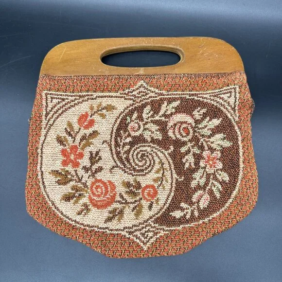 Vintage Floral Tapestry Purse Wooden Handles 1970s Roses Boho Retro As Is - Picture 2 of 12